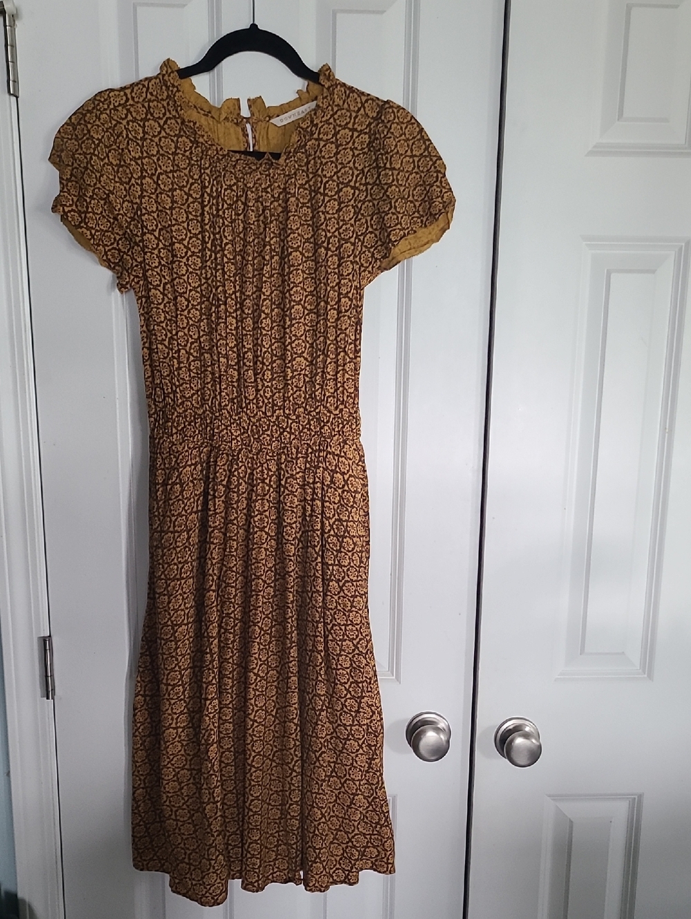 DownEast Mustard Yellow and Brown Printed Midi Dress